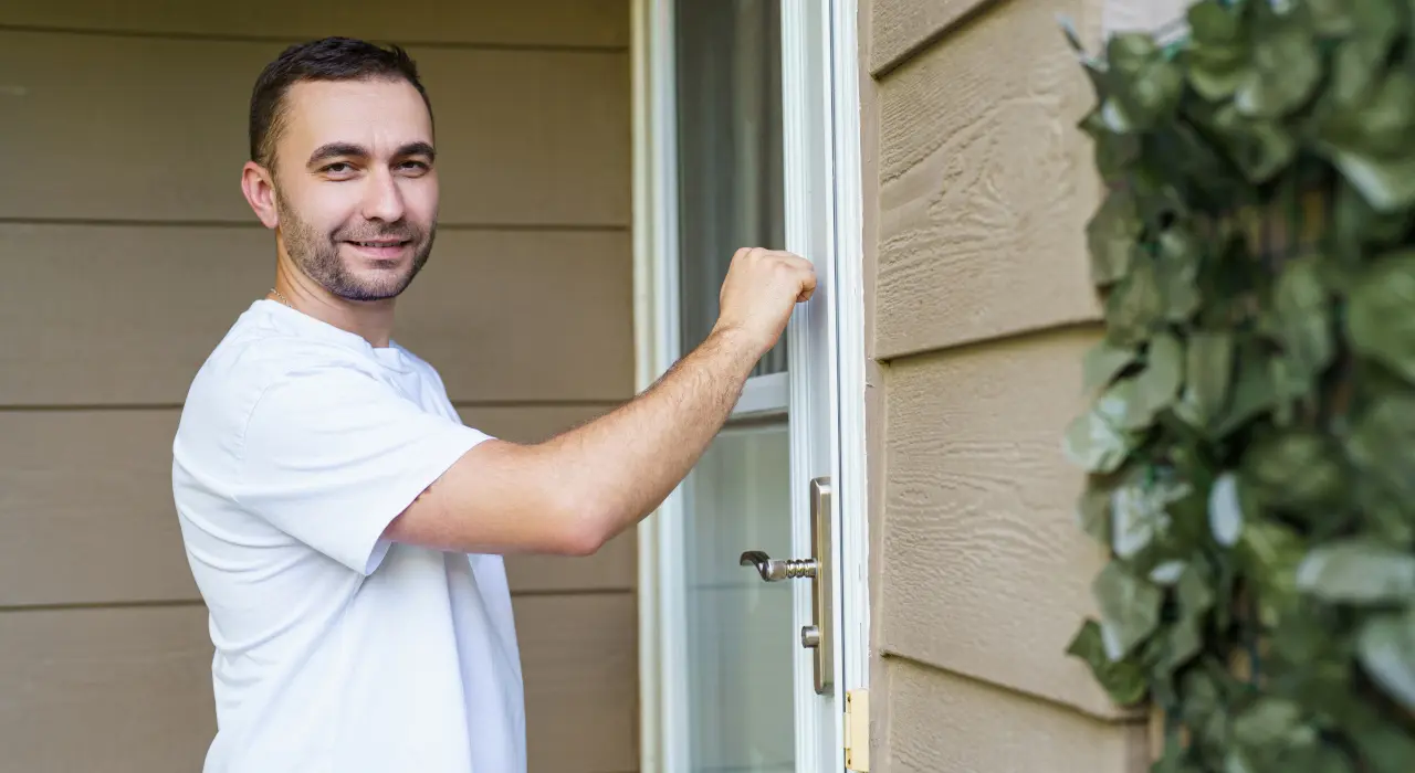 Un hombre sonriente toca la puerta de una casa durante una actividad de campaña puerta a puerta.