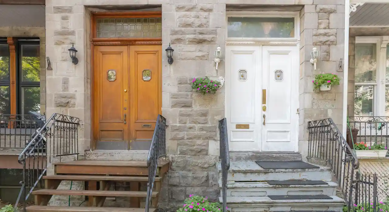 兩扇相鄰的住宅門正面，一扇棕色，一扇白色，建於石造樓宇上。